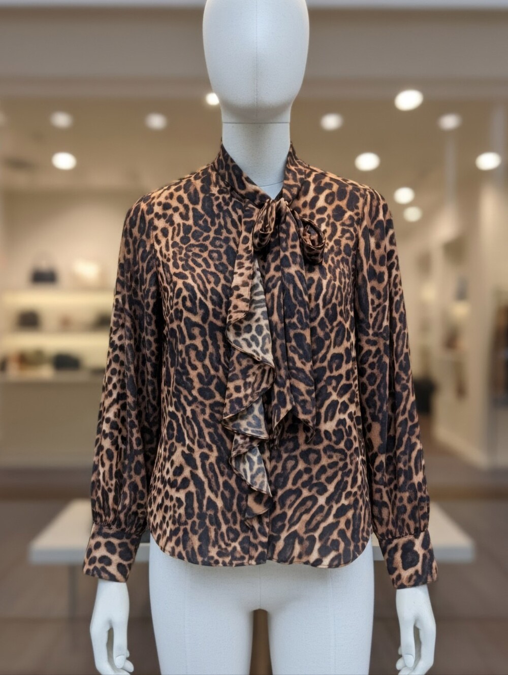 Ralph Lauren-Size2- Leopard Print Ruffle Tie-Neck Blouse - Brown/Black